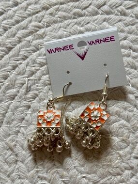 Varnee Jhumka Earrings Orange Enamel Floral Silver Bell Dangle Indian Jewelry